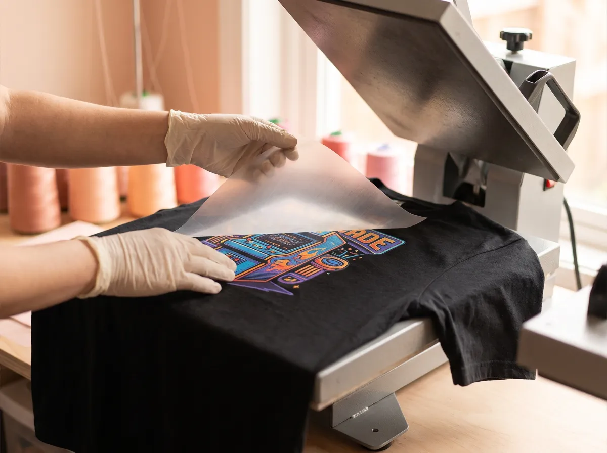 DTF-Transferfolie wird nach dem Verpressen vom Shirt abgezogen